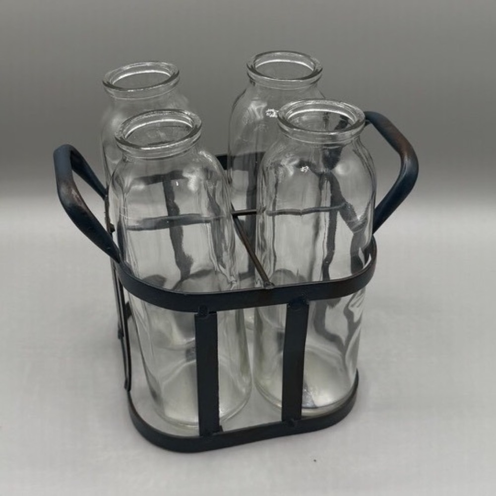 Farmhouse Glass Milk Bottle Set with Metal Wire Carrier Caddy 4 Pieceβ Clear